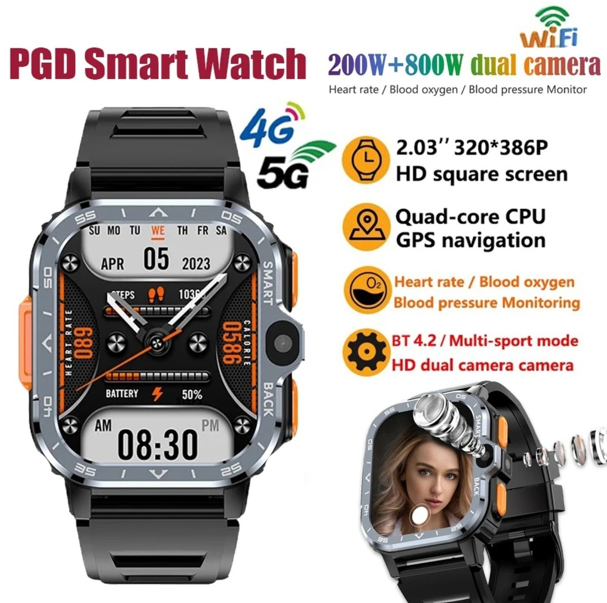 SALE PGD 5G Android Smart Watch AMOLED Screen GPS NFC Wifi