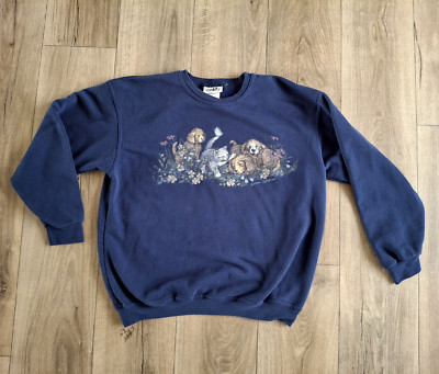 NORTHERN REFLECTIONS Crewneck Cats Dogs Animals Vintage Blue Sweatshirt Large