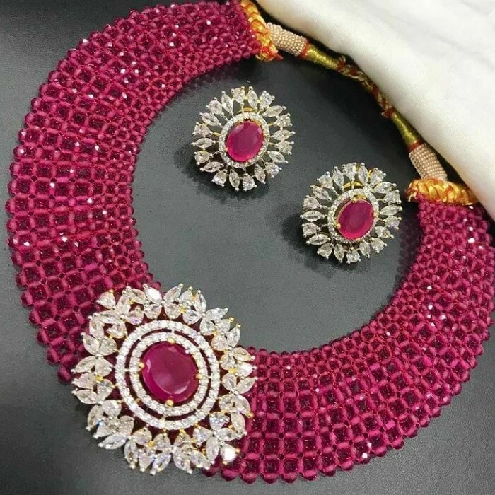 High Quality CZ Diamonds Ruby Necklace Earrings Set Bridal 