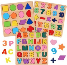3Pack Wooden Puzzles for Toddlers Alphabet ABC Shape Number Toy Pack
