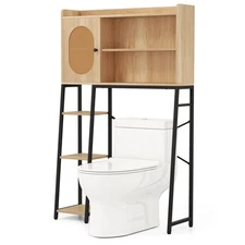 Over The Toilet Storage Cabinet Space-saving Toilet Organizer w/ PE Rattan Door