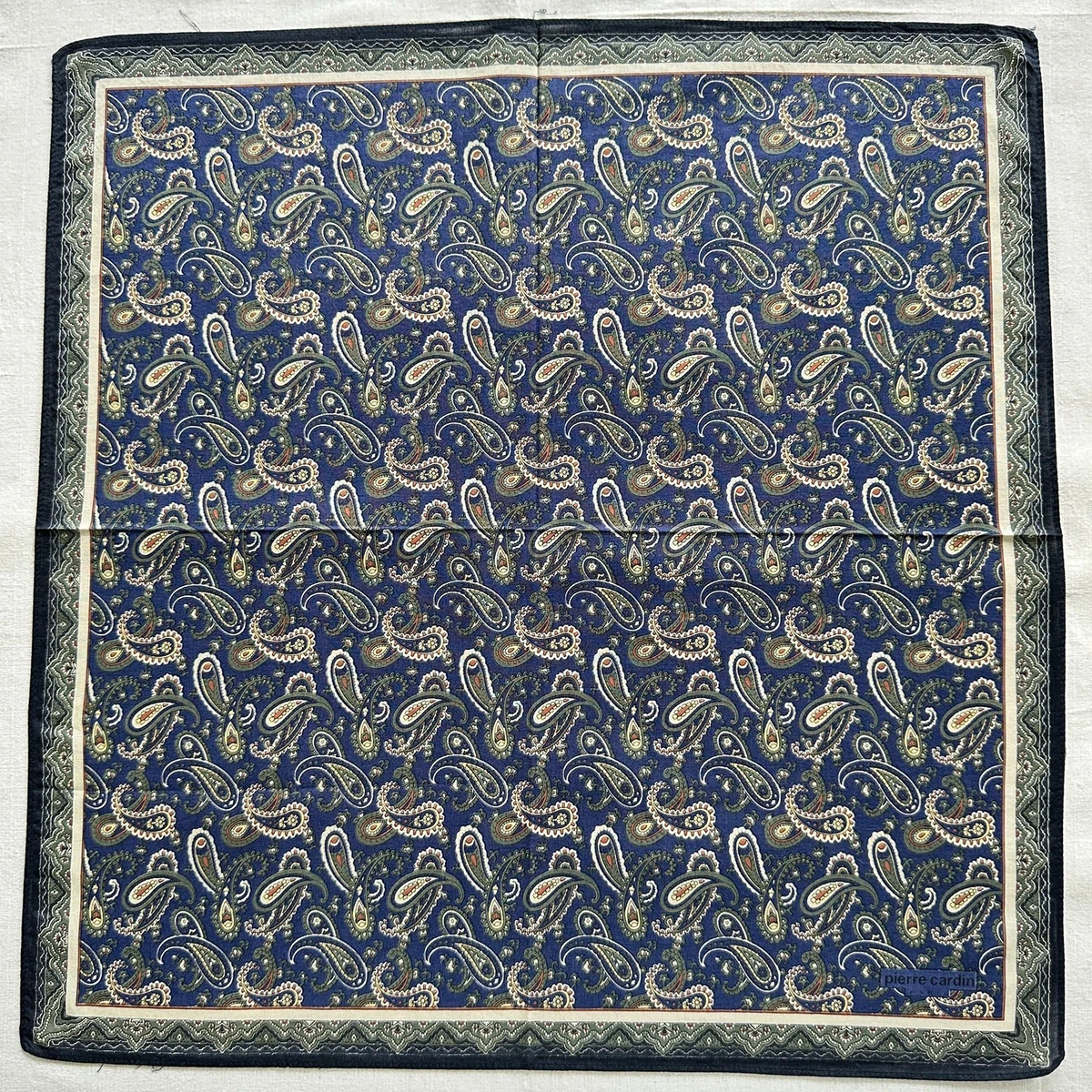 Vintage Handkerchief Blue Cotton Paisley Green Pattern Classic Pocket Square 17"