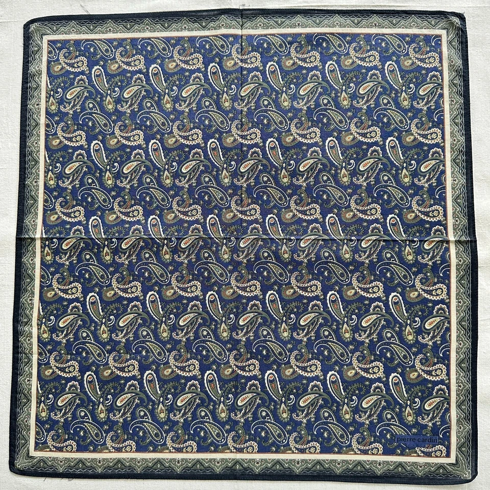 Vintage Handkerchief Blue Cotton Paisley Green Pattern Classic Pocket Square 17" - Image 2 of 3