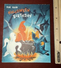 Vintage Halloween Birthday Greeting Card Hallmark Witch Ghost Cauldron