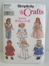 Simplicity 8692 Historical Old-Fashioned Clothing For 18" Doll Pattern Uncut