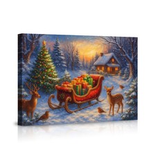 Christmas Scene Wall Art Canvas Sleigh Gifts Reindeer Snowy Forest Poster