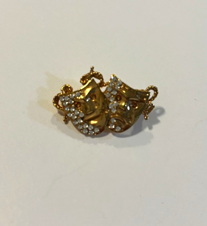 Theatre Mask Brooch Pin Gold Tone Clear Rhinestone Cluster Setting