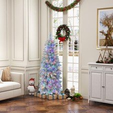 Image of 5FT Pre-Lit Artificial Christmas Tree Hinged Pencil Xmas Tree W/ 190 LED
