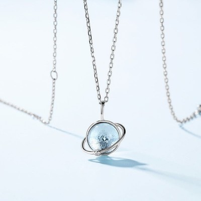 Blue Topaz Star Planet Saturn Pendant Necklace in 925 Sterling Silver