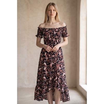 Mi Ami Francesca's Floral Smocked High-Low Off Shoulder Midi Dress Dark Fairy M
