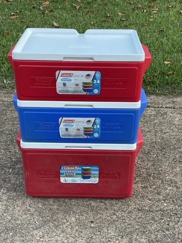 Coleman Party Stacker Cooler Lot Of 3 w/ Lids 24 & 48 Can Red Blue Stackable