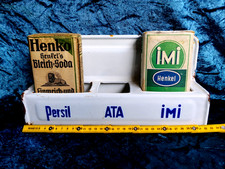 altes Emaille Wandbord/Regal Persil-Ata-iMi m. je 1 P&auml;ckchen Henko u. iMi.