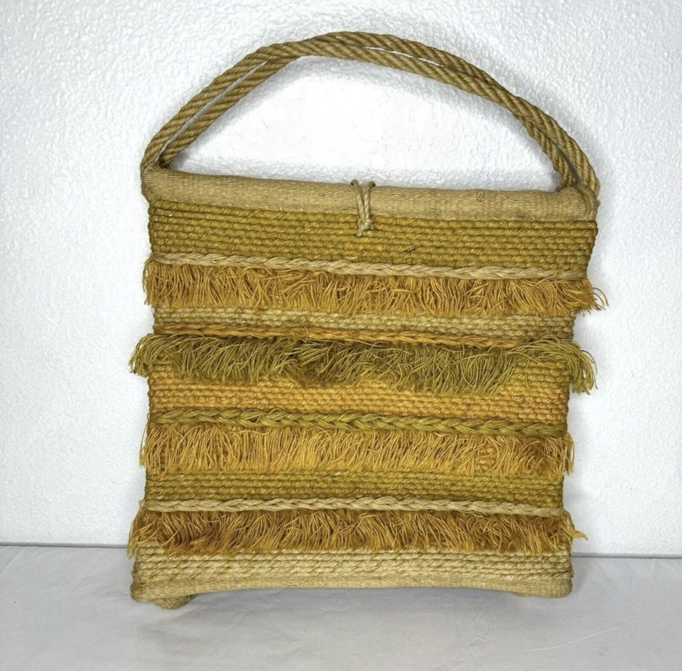 Bolso de mano vintage con flecos de yute con mango de cuerda años 60 70 a rayas playa boho Foto 4 de 4