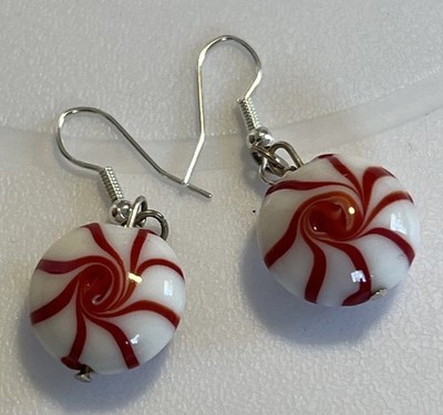 Christmas Candy Cane Round  Glass Earrings Wire Hook Red White Swirls 1  Drop