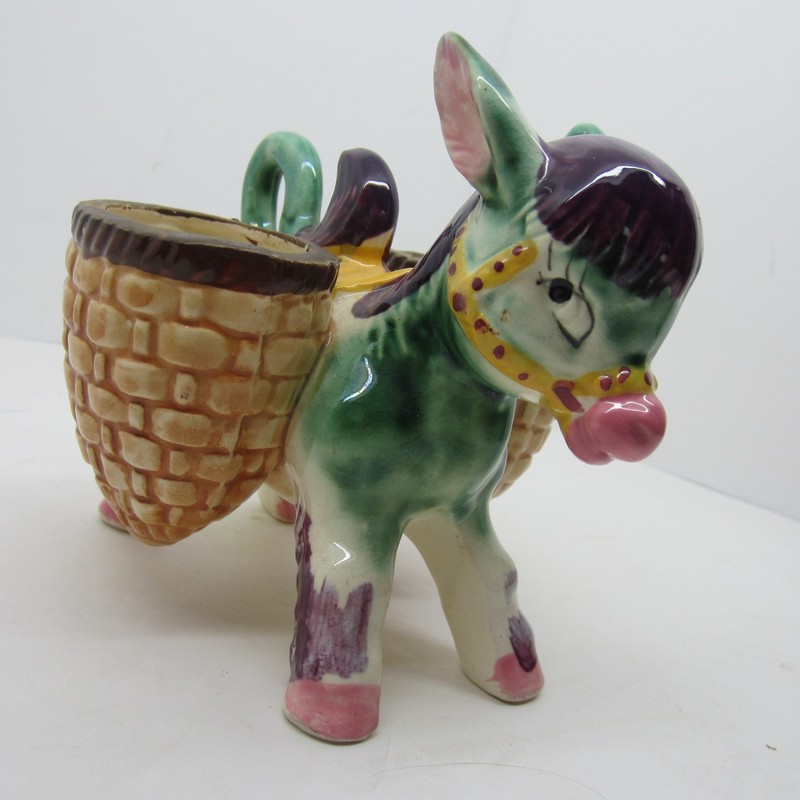 Vintage Ceramic Donkey with Two Baskets Made In Japan Green Bright Paint Color