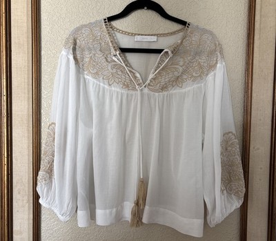 Mango MNG Tassel Embroidered Tie Top Peasant Blouse White Long Sleeve Tunic L