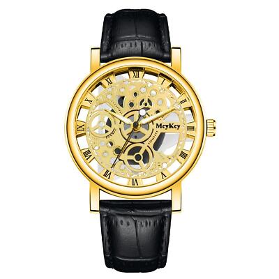 Herren Herrenuhr Skelett Stahlgehäuse Lederband Schwarz & Gold Quarz Armbanduhr