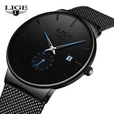LIGE Men's Watch Quartz Analog Calendar 3ATM Waterproof Wristwatch High Quality