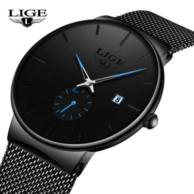 LIGE Men's Watch Quartz Analog Calendar 3ATM Waterproof Wristwatch High Quality