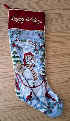 23'' Christmas Needlepoint Stocking Snowman Cardinals Happy Holidays Wool Velvet