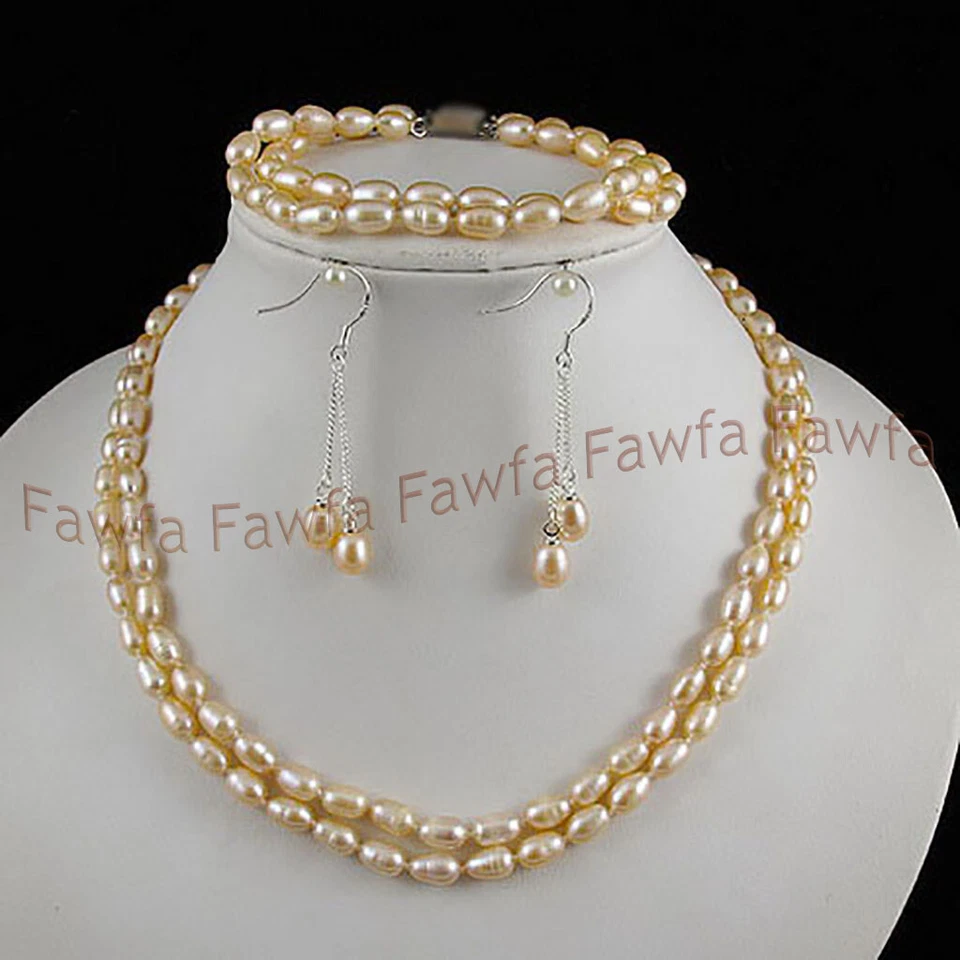 Juego de 2 filas de 7-8 mm collar pulsera perlas rosa real en forma de arroz 17-18"" Foto 2 de 3