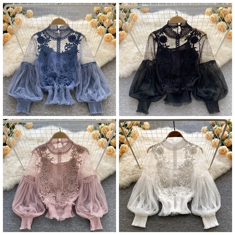 Elegant Sheer Lace Top with Long Puff Sleeves - Floral Women's Party Blouse - Image 3 of 4