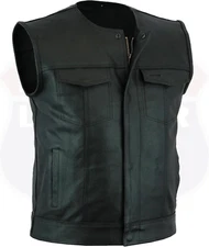 Men'S SOA Collarless Leather Vest Motorcycle Biker Club Concealed Carry Outlaws