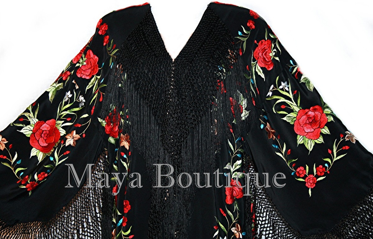 Embroidered Silk Opera Coat Kimono Flamenco Jacket Red Roses Black