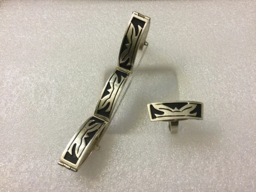 Vintage 1940s LOS Ballesteros Taxco Sterling Silver Panel Bracelet & Ring Set