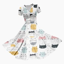 Womens Cartoon Cat V Neck Midi Dress Girls Short Sleeve Summer Beach Sundress