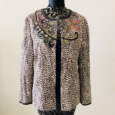 Chicos Size 1 Embroidered Blazer Leopard Print Sequined Jacket Multicolor Career