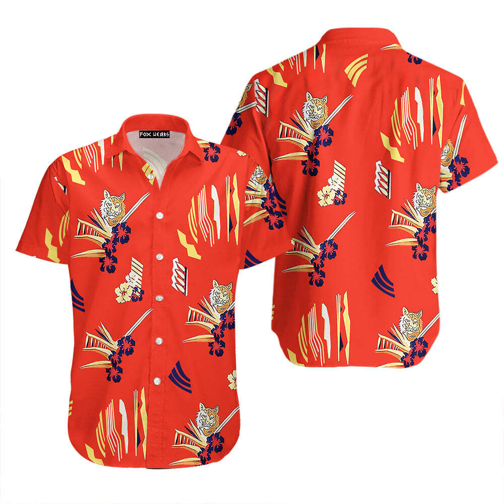 Red Summer Tiger And Flowers Red Aloha Hawaiian Shirts For Men Women