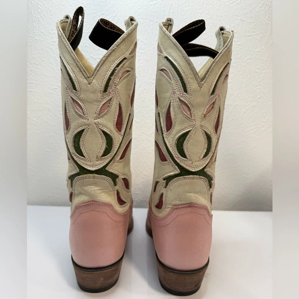 Justin Vintage Pink Floral Inlay Cowboy Western Boots 7.5 - Image 4 of 4