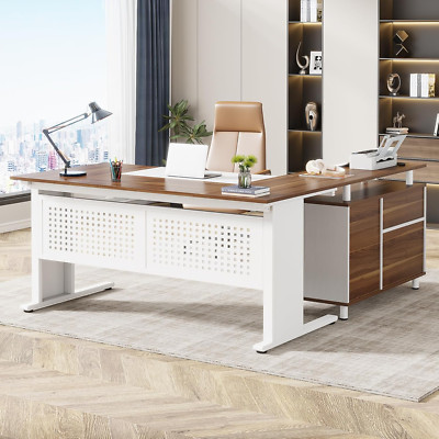 L-Shaped 63'' Executive Desk with File Cabinet & Storage for Home Office
