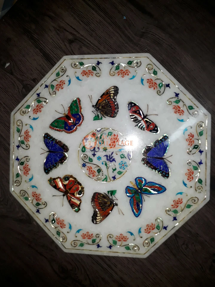 Hermoso azulejo de pared de mármol blanco con incrustaciones múltiples arte mariposa coleccionable decoración del hogar Foto 3 de 3