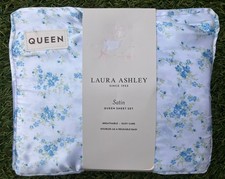 Laura Ashley Queen Satin Sheet 4pc Queen Set Paris Fleur Blue, Flat Fitted 2sham