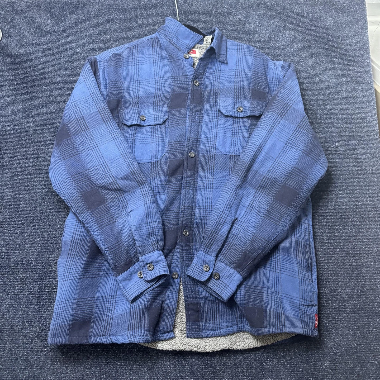 Wrangler Shirt Jacket Mens Medium Blue Plaid Sherpa Lined Flannel Workwear