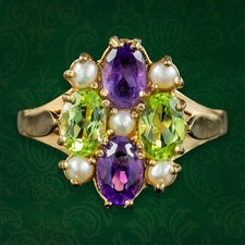 Edwardian Style Suffragette Cluster Ring Peridot Amethyst Pearl