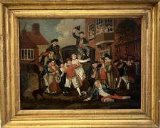 ANTIQUE OIL PAINTING British Folk Primitive Genre Scene JOHN COLLET c1770