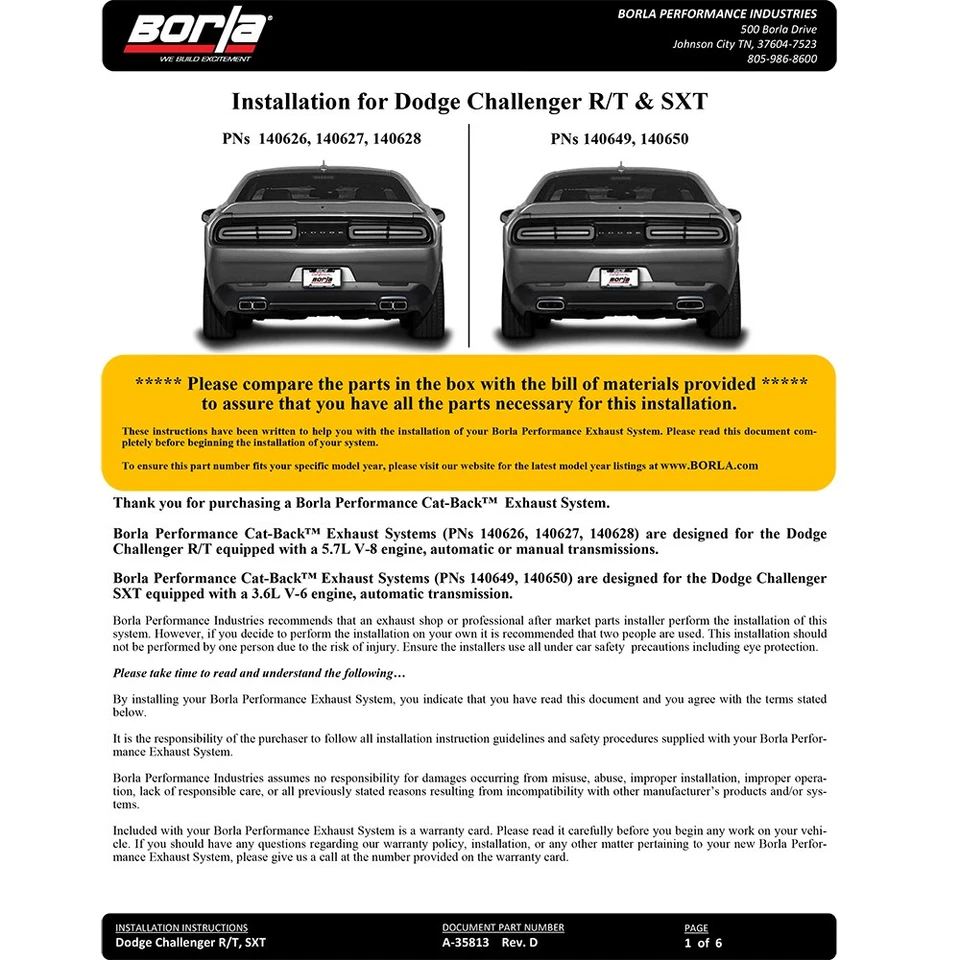 Escape trasero Borla 140627 tipo S Cat para Dodge Challenger R/T 2015-2021 5,7 L V8 Foto 4 de 4