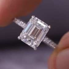 2.50CTW Emerald Cut Moissanite Hidden Halo Engagement Ring 14k White Gold Plated