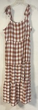Shein Dress Womens 4XLarge Brown White Check Tiered Ruched Sleeveless Tie Midi