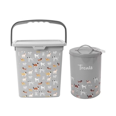 Hundefutter Eimer und Leckerli Dose Behälter grau illustriert Haustier Fütterungsset