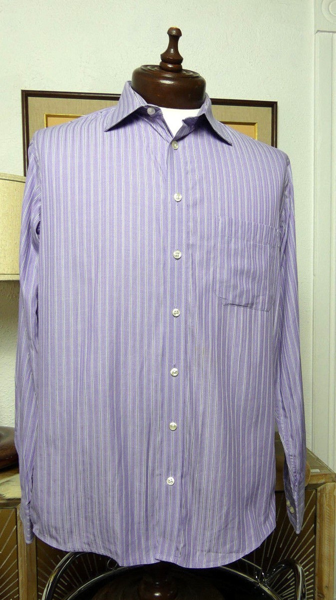 santorelli dress shirts Santorelli Men's Blue Yellow Stripe Luxury Cotton Dress Shirt 17 XL Slim  Fit