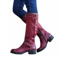 New Womens Knee High Mid Calf Boots Round Toe Zipper Buckle Riding Boots Shoes D