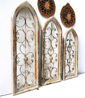 3 Large Arched Wood Metal Gothic Window Frames, Architectural Window Frame Set, 