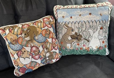 Set of 2 Vintage Tapestry Pillows Easter Bunnies Rabbit Eggs Duck READ