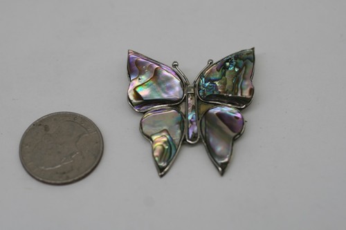 Vintage Mexican Alpaca Silver Abalone Shell Butterfly Brooch L13