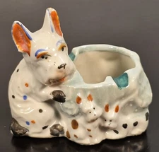 Ceramic Table Ashtray Dog & Puppies Multicolor Hand Painted From Japan