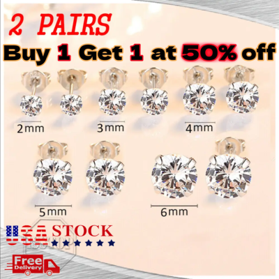 #ad #ad 2 Pair 925 Sterling Silver Earrings Cubic Zirconia Round Stud Earrings Jewelry $5.67